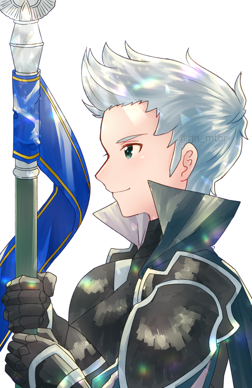 1boy, absurdres, armor, black_armor, commentary_request, fire_emblem, fire_emblem_fates, green_eyes, grey_hair, highres, holding, holding_polearm, holding_weapon, male_focus, polearm, quiff, silas_(fire_emblem), solo, teitokunanodesu, weapon