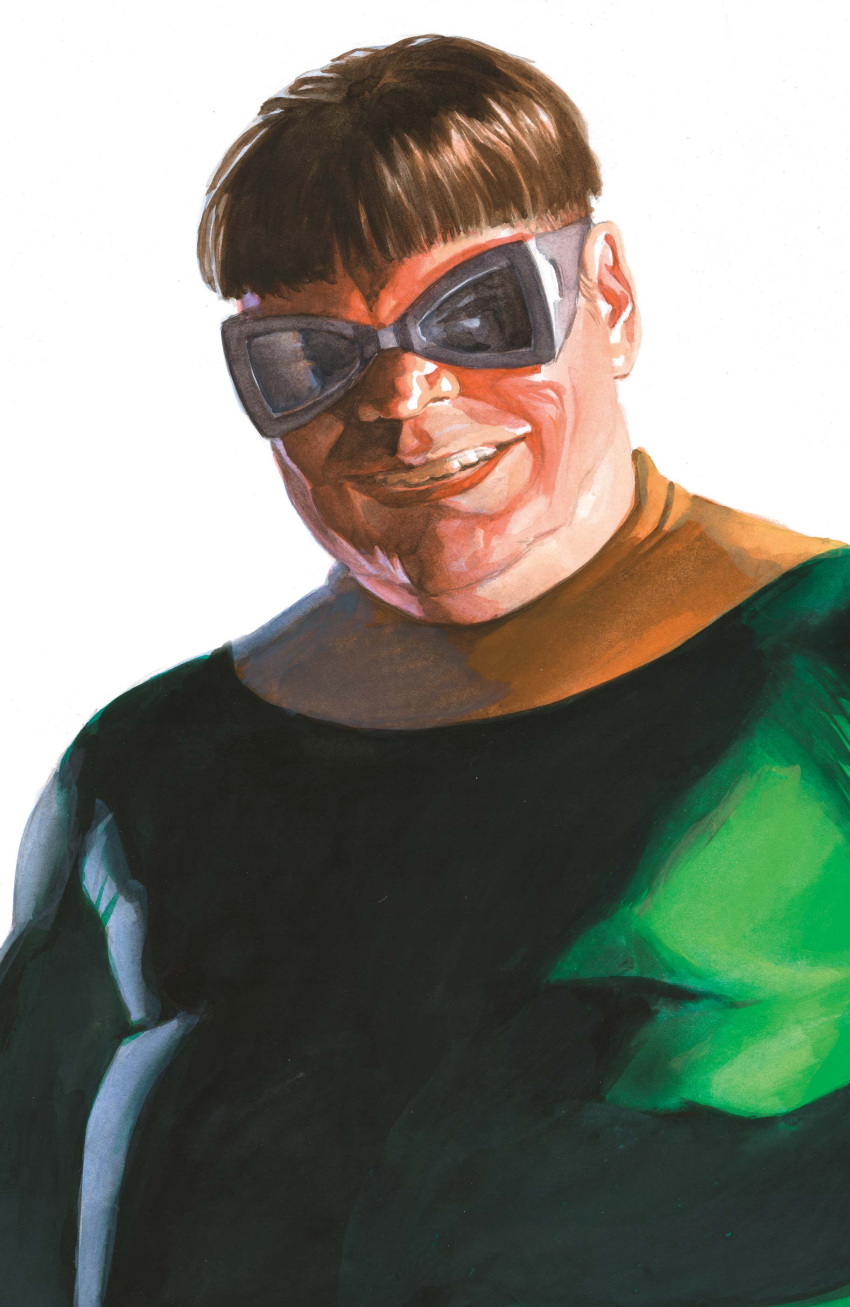 1boy, absurdres, alex_ross, bodysuit, bowl_cut, brown_hair, comic_cover, cover