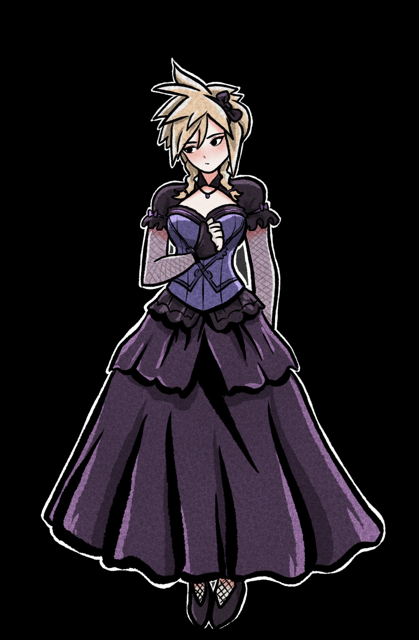 1boy, :/, black_background, black_bow, black_shoes, black_shrug, blonde_hair, blue_bodice