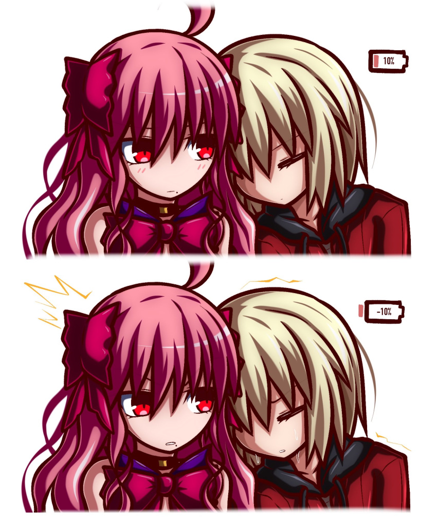 1boy, 1girl, ahoge, annoyed, battery_indicator, black_hoodie, blonde_hair, blush