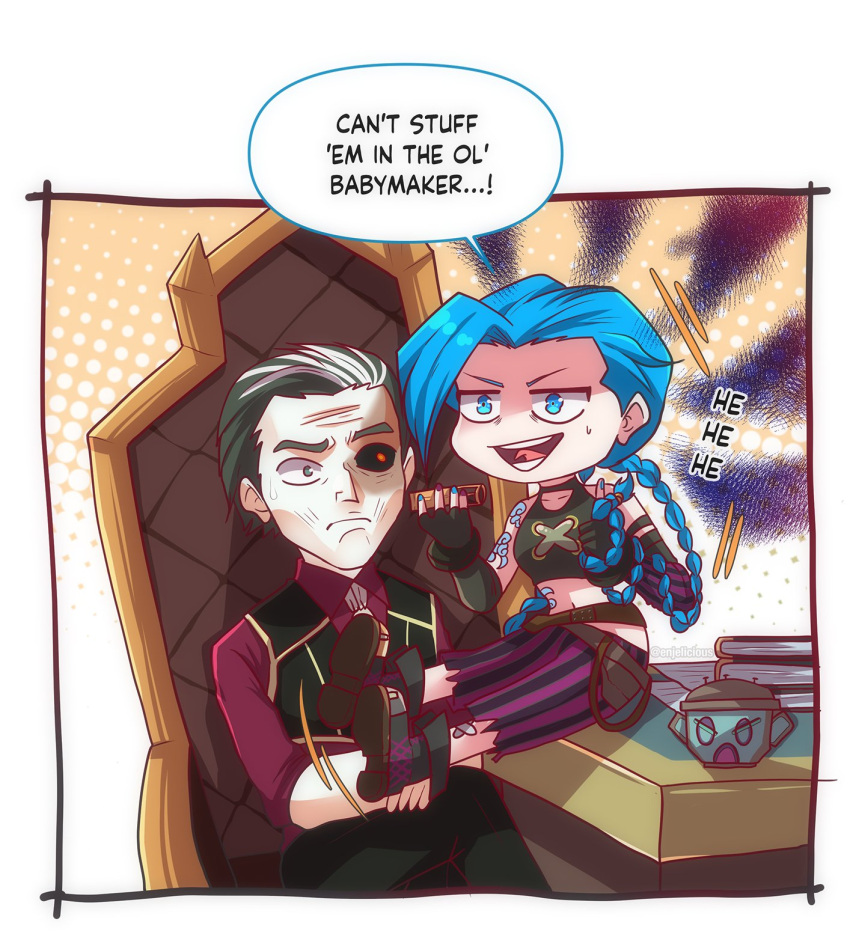 1boy, 1girl, :d, adoptive_parent_and_adoptive_child, arcane:_league_of_legends, arcane_jinx, arm_tattoo, black_sclera