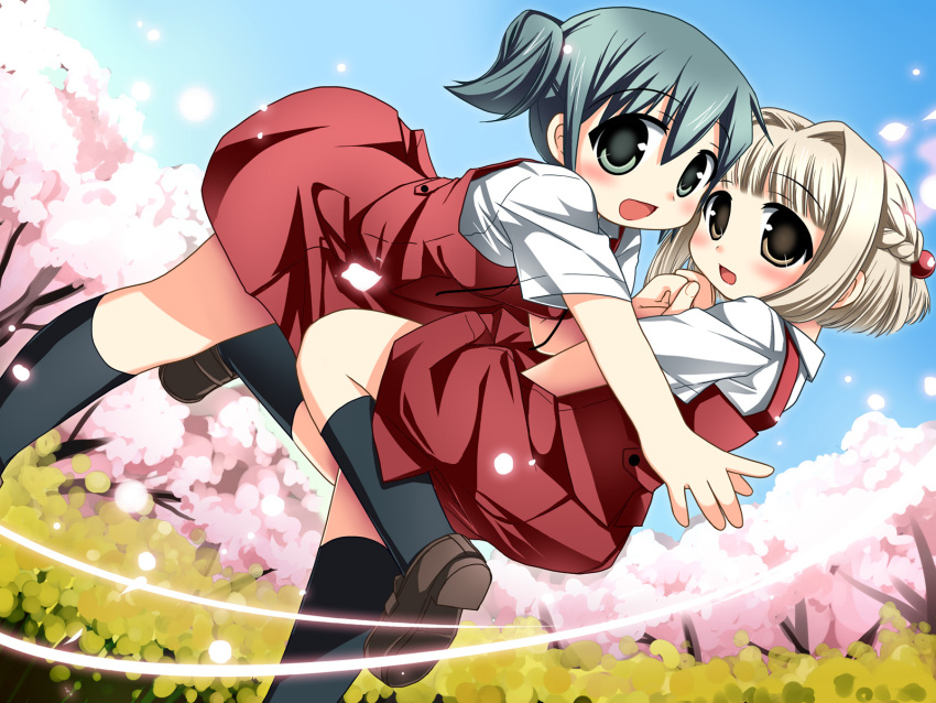 blonde_hair, braid, brown_eyes, green_eyes, green_hair, hidamari_sketch, highres, hug