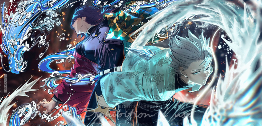 2boys, adapted_costume, aqua_eyes, aqua_haori, bent, bleach, blue_eyes, blue_hair