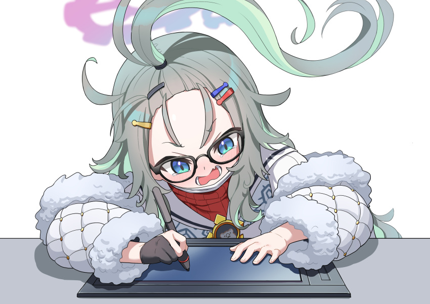 1girl, absurdres, ahoge, aila_zuiaini, artist_glove, bangs_pinned_back, black-framed_eyewear, black_gloves