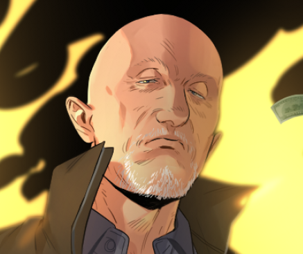 1boy, bald, bear, better_call_saul, black_jacket, breaking_bad, facial_hair, fire, goatee, jacket, lowres, male_focus, mike_ehrmantraut, old, old_man, open_clothes, open_jacket, solo, utm_alt