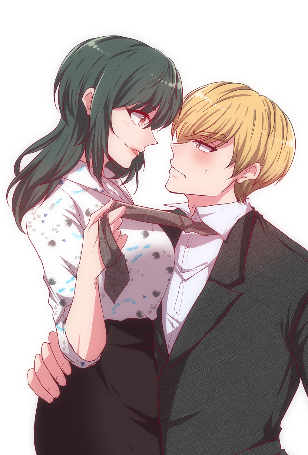 1boy, 1girl, blonde_hair, blush, brown_eyes, character_request, closed_mouth, copyright_request