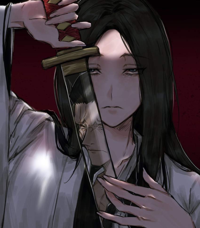 1boy, 1girl, anima_tion_1, black_hair, bleach, bleach:_sennen_kessen-hen, blue_eyes, expressionless, frown, haori, highres, holding, holding_sword, holding_weapon, japanese_clothes, long_hair, portrait, red_eyes, reflection, scar, scar_across_eye, scar_on_cheek, scar_on_face, scar_on_forehead, shihakusho, solo_focus, sword, taichou_haori, unohana_retsu, weapon, white_haori, zaraki_kenpachi