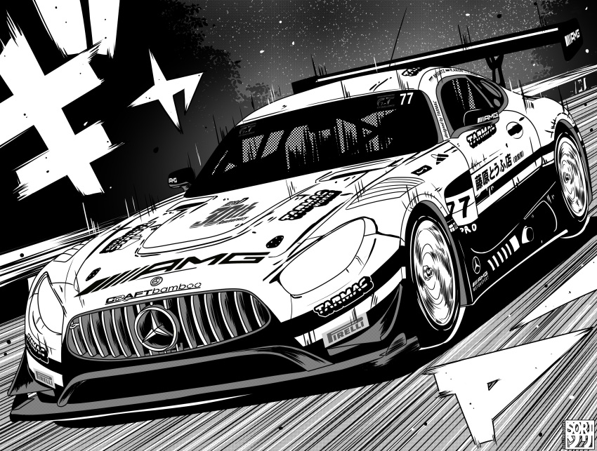 absurdres, car, commentary, craft-bamboo_racing, english_commentary, fujiwara_takumi's_toyota_trueno_ae86, greyscale, highres