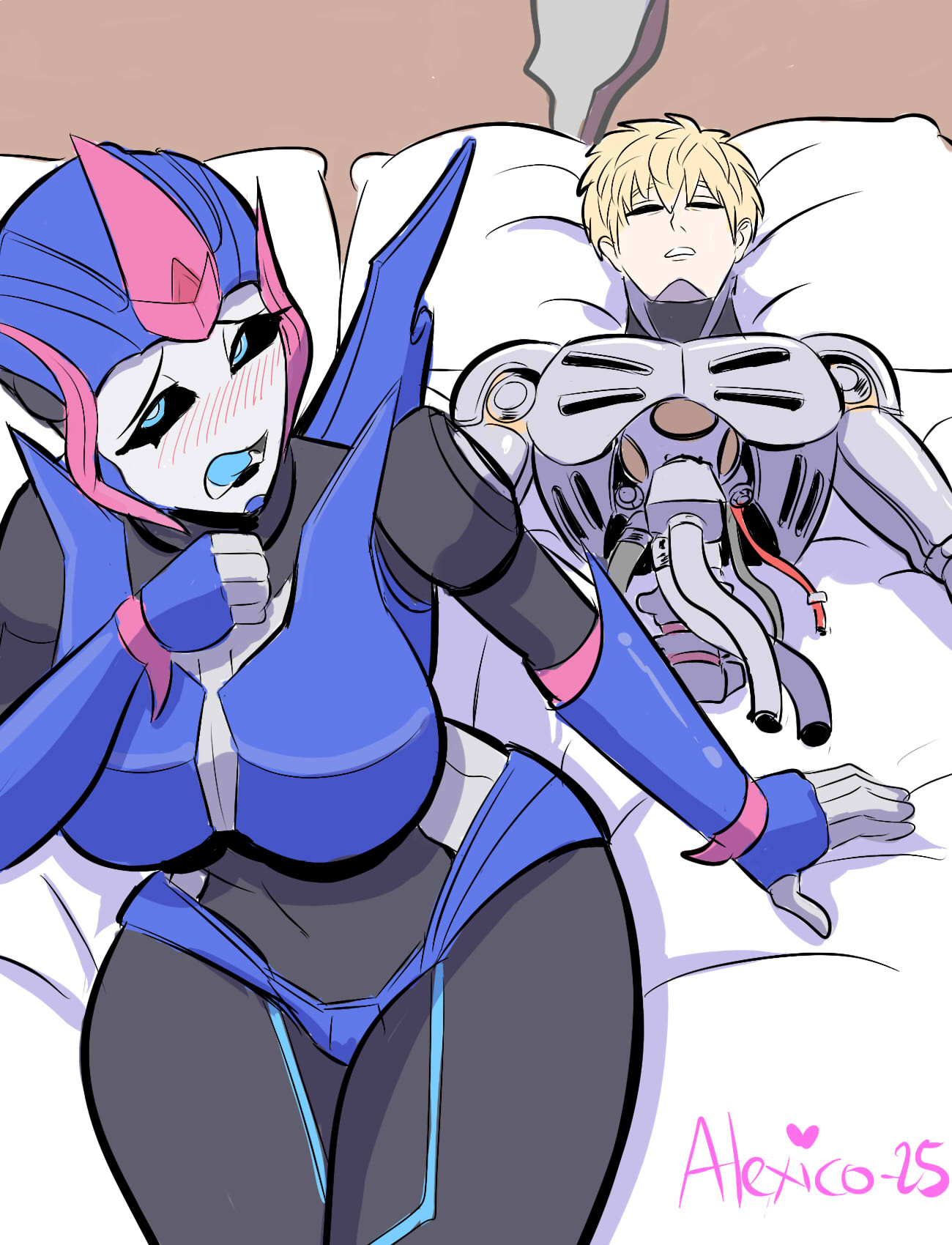 1boy, 1girl, arcee, arcee_(prime), autobot, bed, black_sclera, blonde_hair