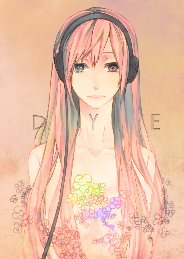 aqua_eyes, avtechno!, bad_id, dye_(vocaloid), face, flower, headphones, heterochromia, lips, long_hair, megurine_luka, mk_(pixiv), motsu_(sararia), pink_eyes, pink_hair, portrait, solo, vocaloid