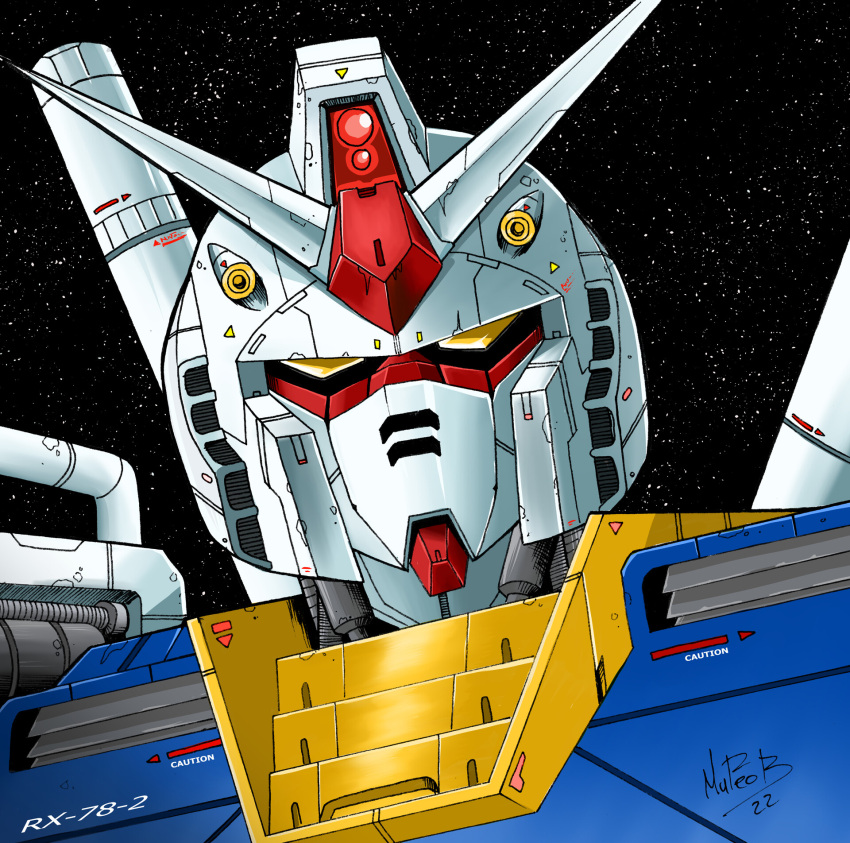 character_name, clip_studio_paint_(medium), commentary, english_commentary, gundam, highres, looking_at_viewer, mattikron