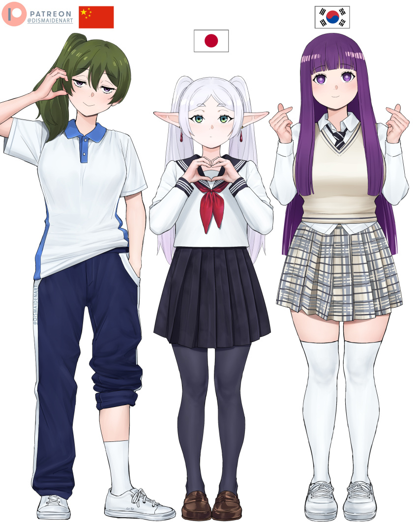 3girls, absurdres, cardigan, chinese_school_uniform, commentary, dismaiden, double_finger_heart, english_commentary