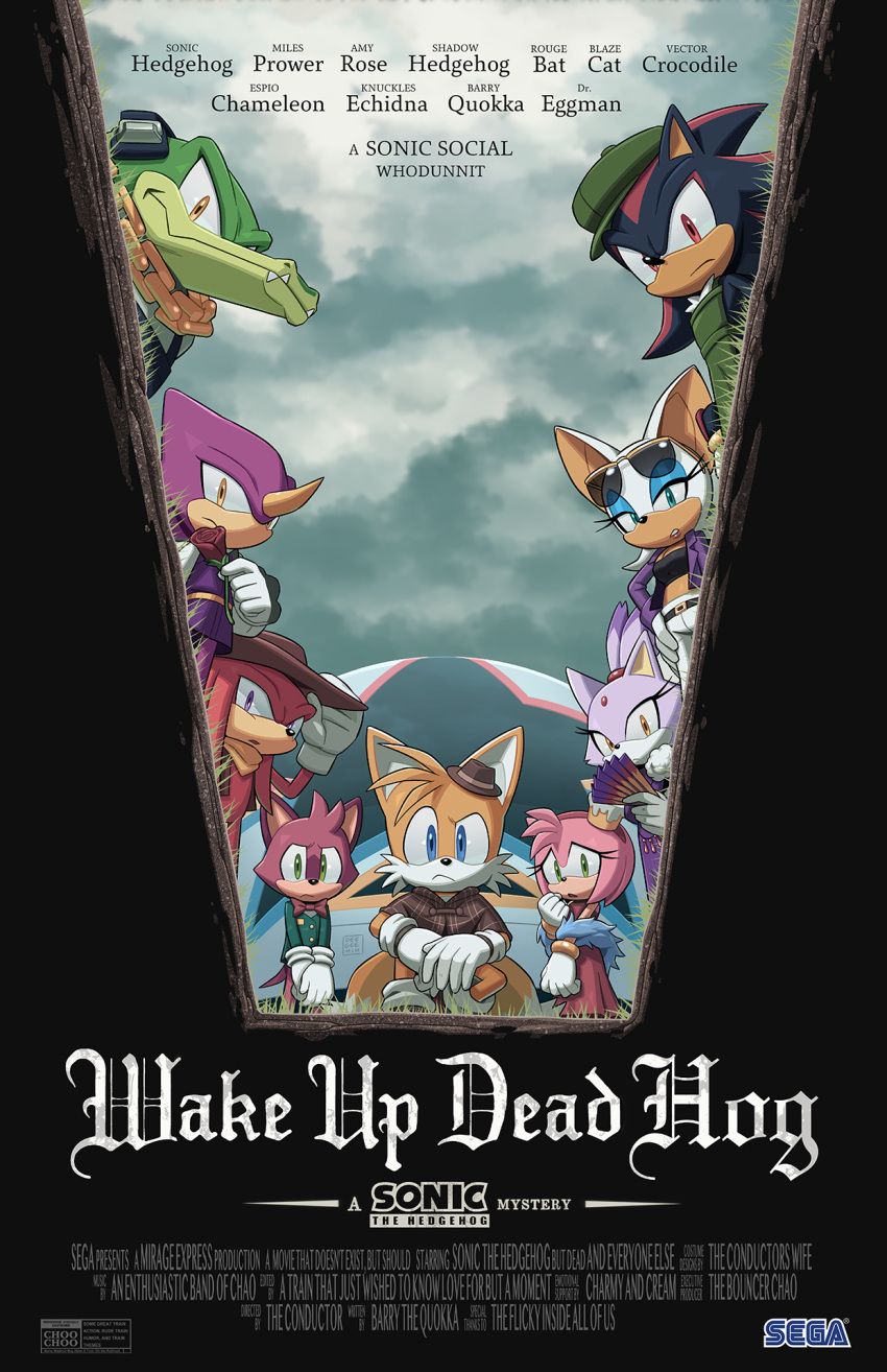 1other, 3girls, 5boys, amy_rose, bandeau, barry_the_quokka, black_bandeau, blaze_the_cat, brown_hat, capelet, commentary, cosplay, cowboy_hat, digimin, dress, english_commentary, english_text, espio_the_chameleon, flower, from_below, furry, furry_female, furry_male, grave, hand_fan, hat, highres, jacket, knuckles_the_echidna, looking_at_viewer, movie_poster_(medium), multiple_boys, multiple_girls, official_alternate_costume, overcast, pants, plaid_capelet, plaid_clothes, purple_jacket, rose, rouge_the_bat, second-party_source, shadow_the_hedgehog, sherlock_holmes, sherlock_holmes_(cosplay), sky, sonic_(series), tails_(sonic), the_murder_of_sonic_the_hedgehog, vector_the_crocodile, wake_up_dead_man, white_pants