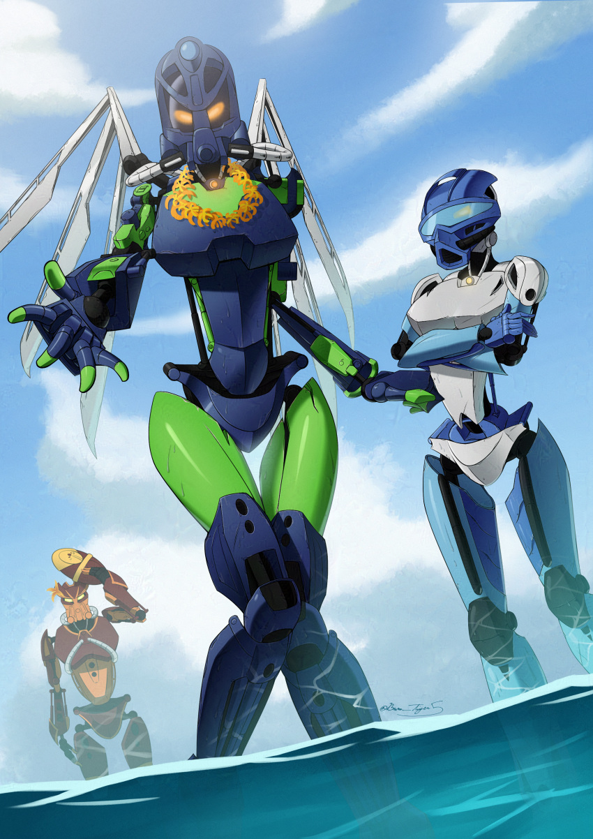 1boy, 2girls, absurdres, assault_visor, bionicle, burns5, clouds, english_commentary