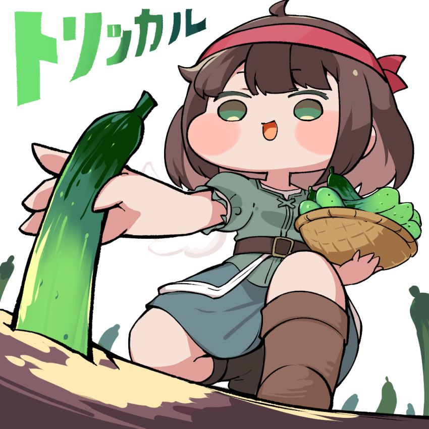 1girl, basket, belt, blush_stickers, brown_belt, brown_hair, brown_shoes, commentary_request