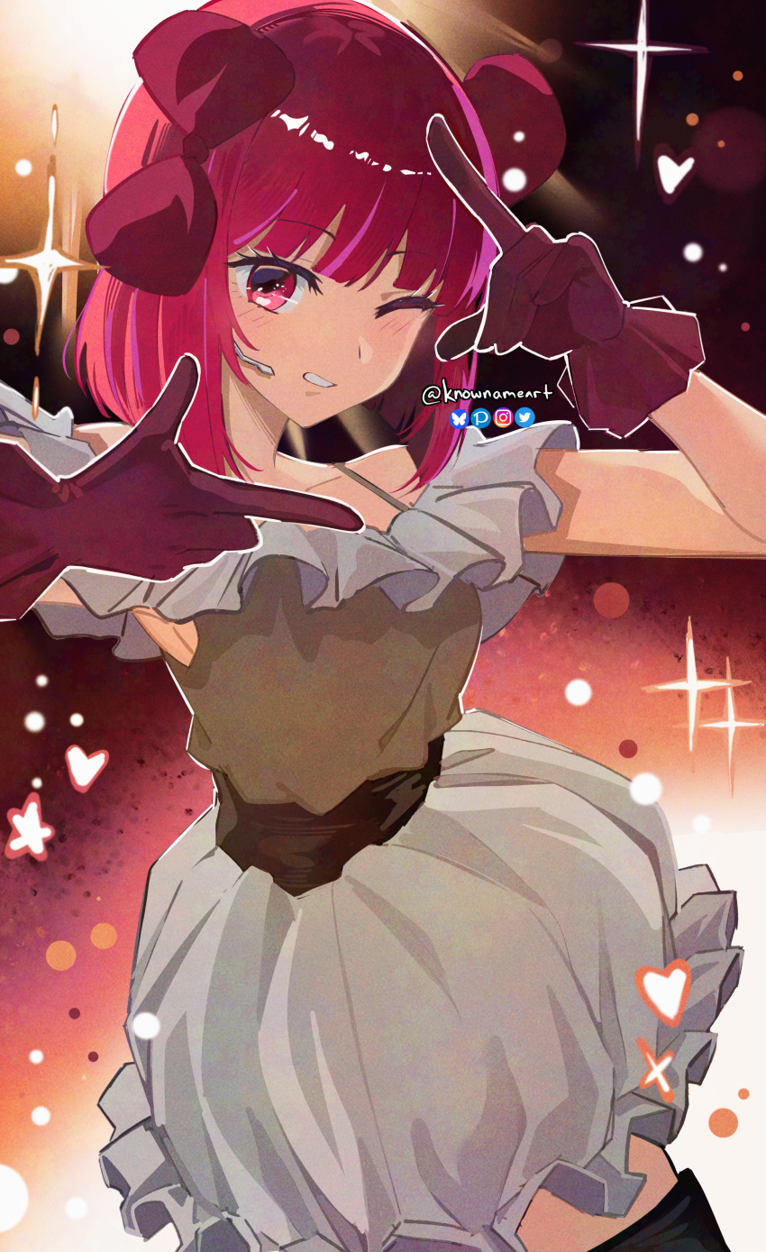 1girl, absurdres, arima_kana, bob_cut, bow, commentary, gloves, grey_skirt