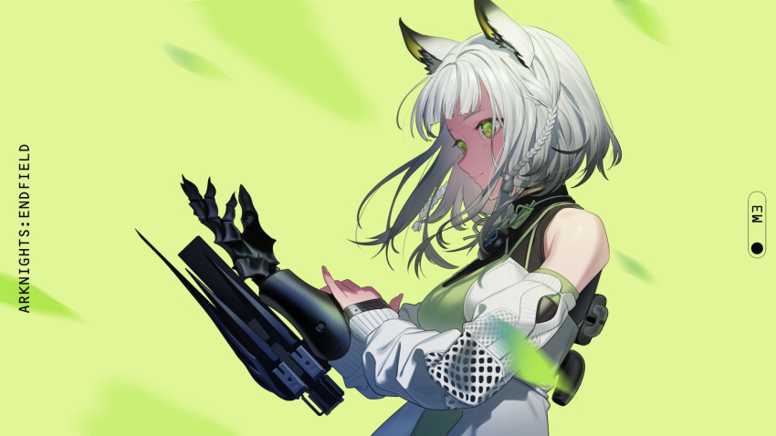 1girl, animal_ears, arknights, arknights:_endfield, bare_shoulders, black_gauntlets, blunt_bangs, braid