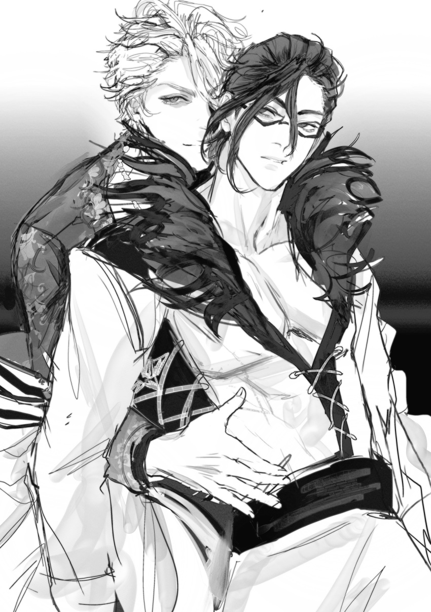 2boys, ahoge, aladdin_(sinoalice), baggy_pants, belt, bridal_gauntlets, commentary, commission
