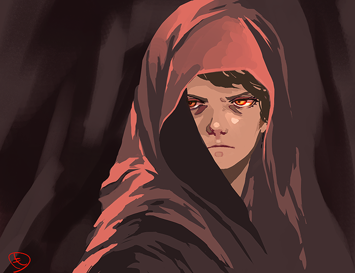 1boy, anakin_skywalker, animification, brown_hair, brown_robe, brown_theme, frown, hood