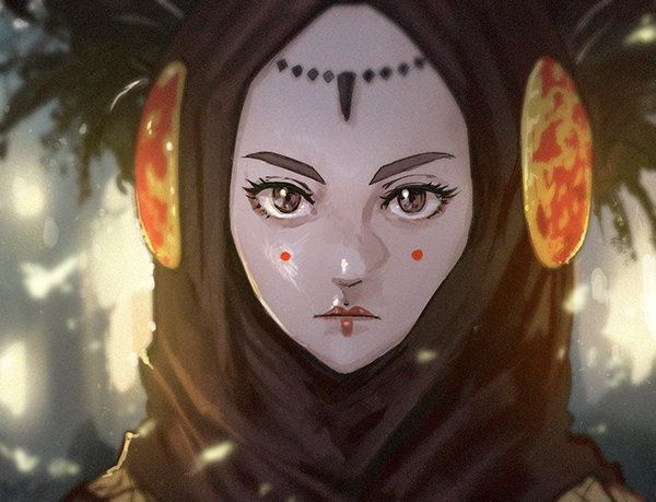 1girl, animification, black_eyes, black_headscarf, blurry, depth_of_field, headscarf, looking_at_viewer