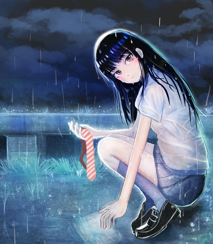 1girl, black_hair, black_shoes, brown_eyes, commentary_request, e.y, from_side, full_body, grey_socks, guard_rail, holding, holding_unworn_clothes, holding_unworn_necktie, koi_wa_ameagari_no_you_ni, loafers, long_hair, looking_at_viewer, necktie, outdoors, rain, shirt, shoes, short_sleeves, socks, solo, squatting, striped_clothes, striped_necktie, tachibana_akira, unworn_necktie, wet, wet_clothes, wet_shirt
