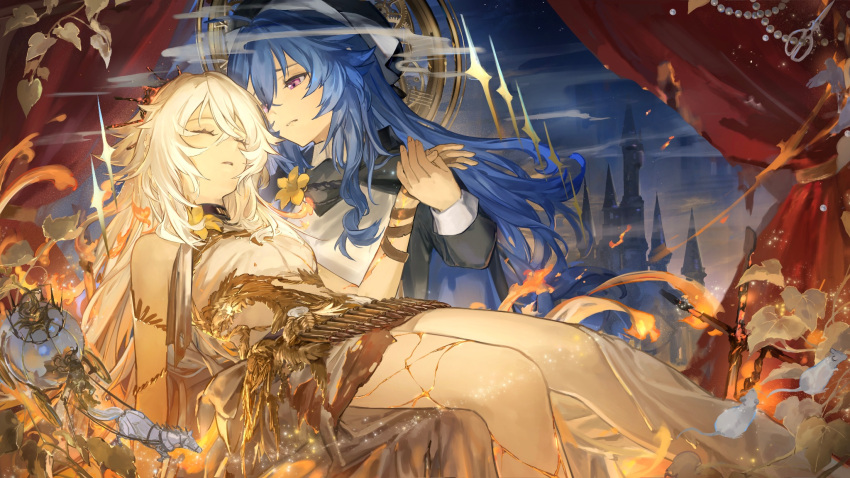 2girls, animal, bare_shoulders, black_choker, blue_hair, bullet, carriage, castle