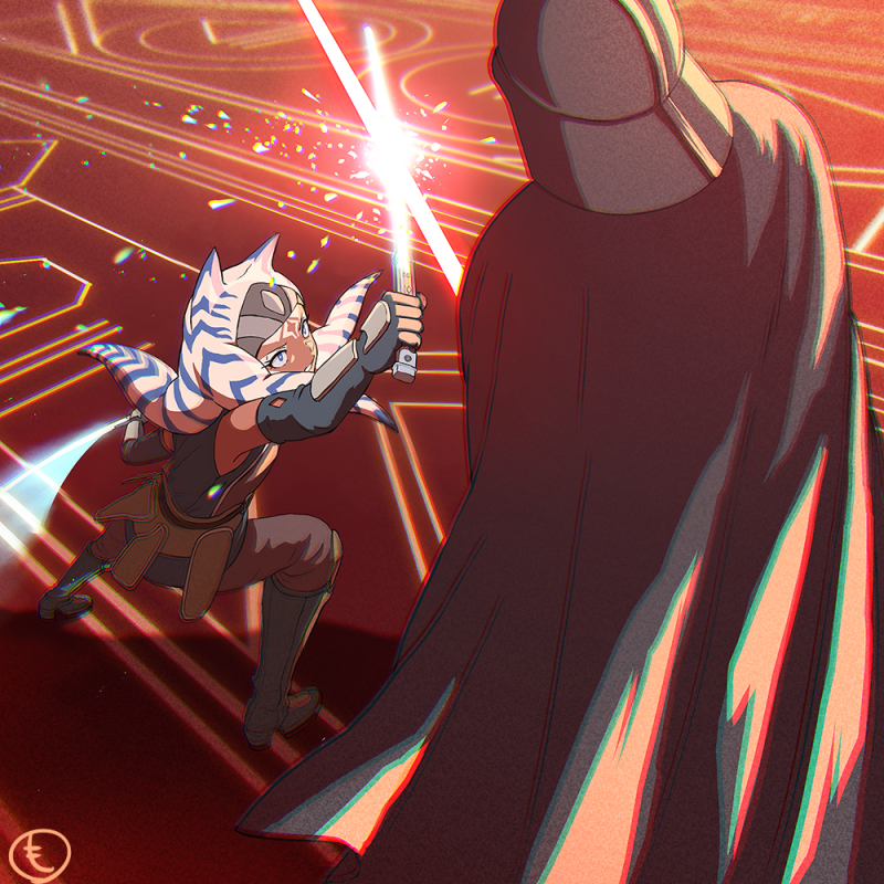 1boy, 1girl, ahsoka_tano, alien, animification, black_boots, black_cape, black_gloves, black_shirt, blue_eyes, boots, brown_pants, cape, clash, colored_skin, darth_vader, dual_wielding, elbow_gloves, energy_sword, fingerless_gloves, from_above, gloves, helmet, holding, holding_sword, holding_weapon, lightsaber, mosuke_2, orange_skin, pants, parted_lips, red_lightsaber, shadow, shirt, star_wars, star_wars_rebels, sword, sword_clash, togruta, weapon, white_lightsaber