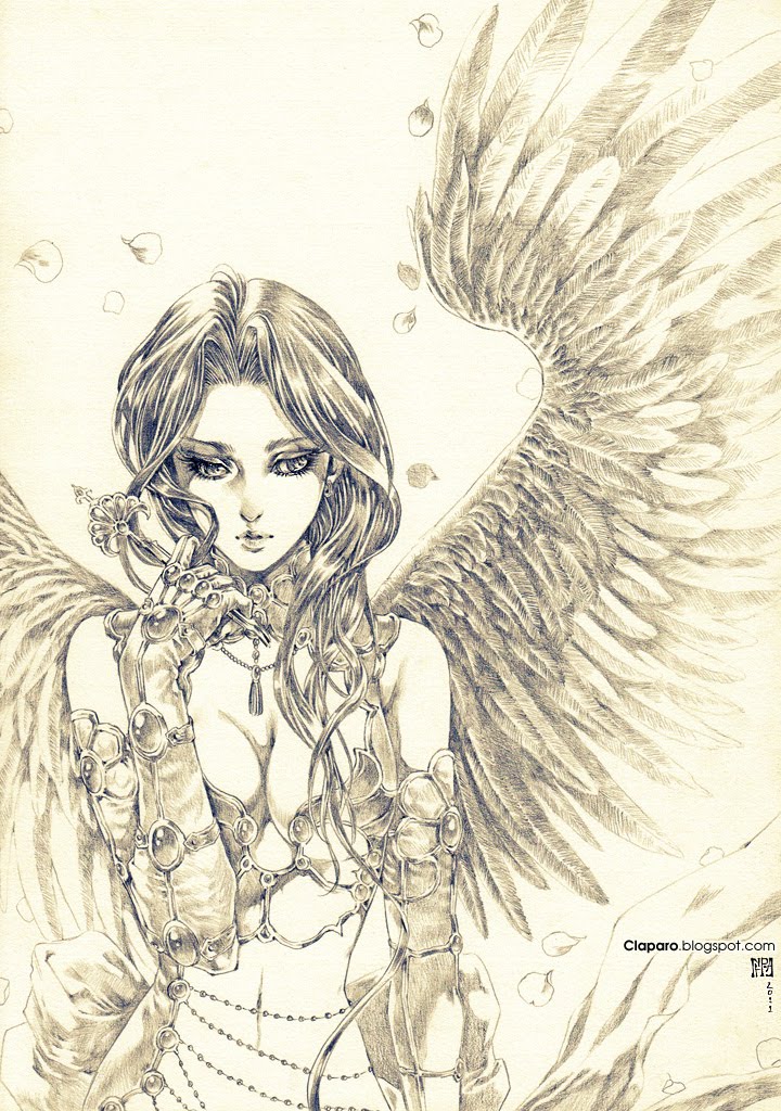 breasts, cleavage, elbow_gloves, face, gloves, graphite_(medium), lips, long_hair, monochrome, navel, petals, phong_anh, rose_petals, shahrazad_al-rahman, solo, traditional_media, trinity_blood, wings