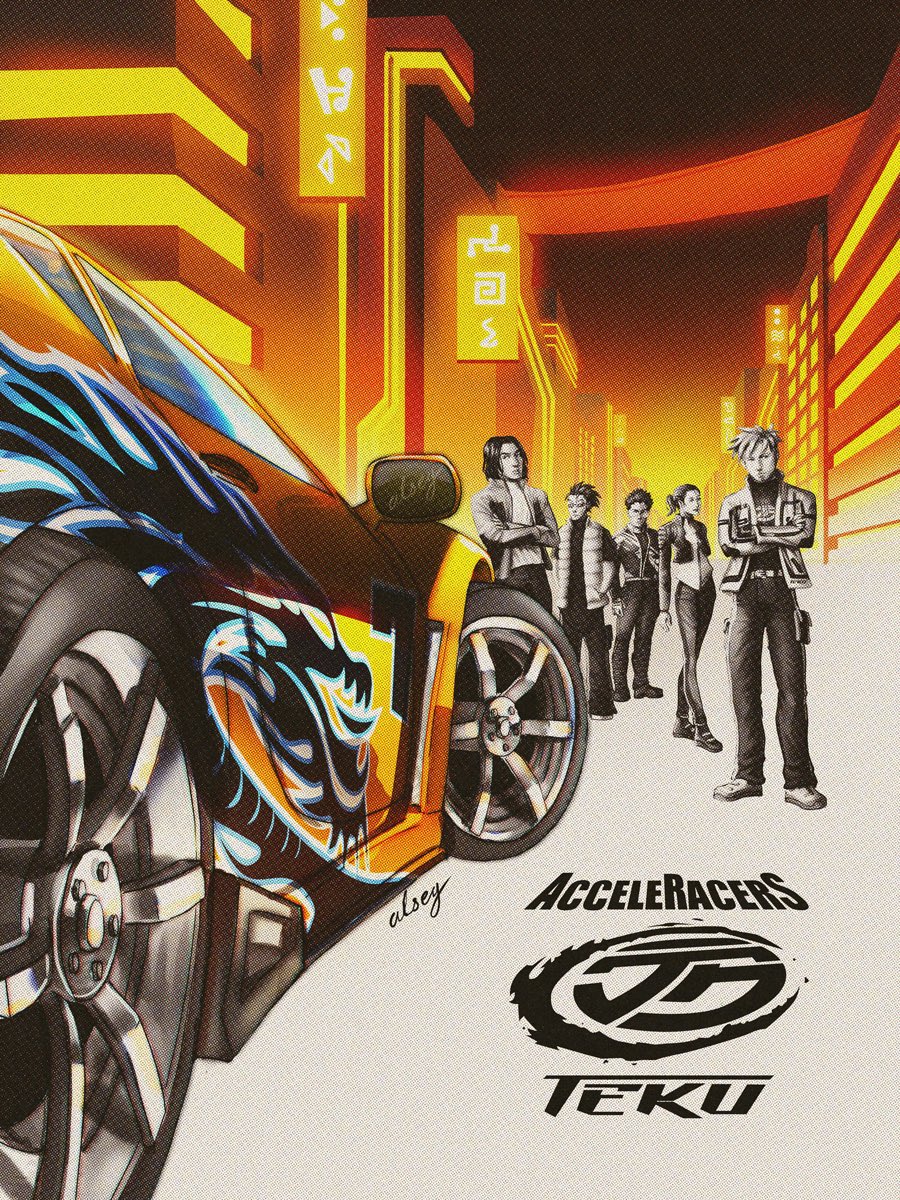 1girl, 4boys, alseg, car, crossed_arms, fast_&amp;_furious, frown, glowing, highres, hot_wheels, hot_wheels:_acceleracers, jacket, karma_eiss, kurt_wylde, looking_down, looking_to_the_side, motor_vehicle, movie_poster_(medium), multiple_boys, nolo_pasaro, orange_car, pants, parody, ponytail, shadow, shirako_takamoto, signature, spiky_hair, sports_car, spot_color, synkro_(hot_wheels), the_fast_and_the_furious:_tokyo_drift, vert_wheeler, vest