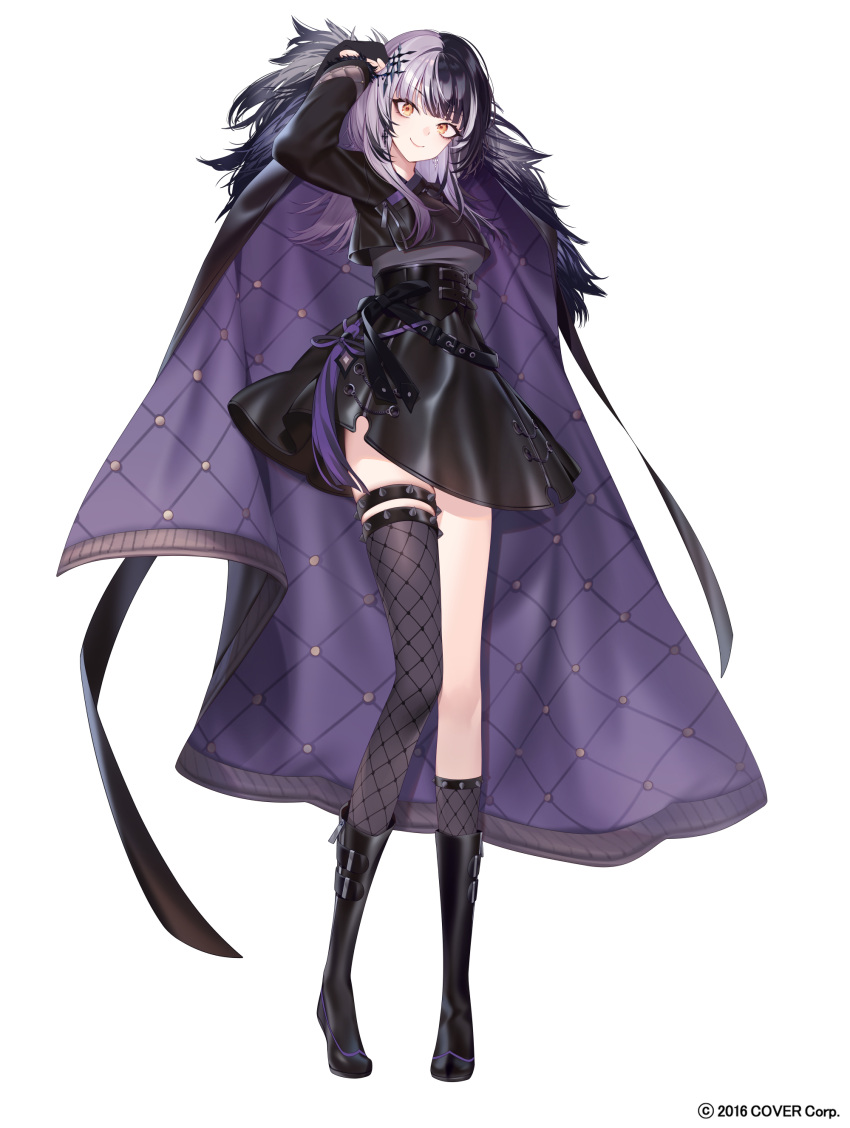 1girl, absurdres, arm_up, asymmetrical_legwear, black_boots, black_cape, black_hair, black_hanbok