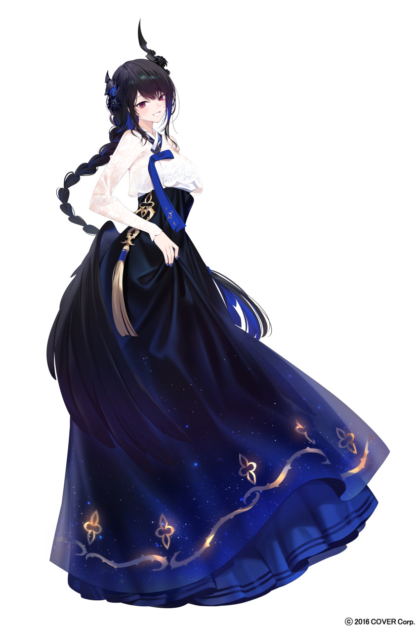 1girl, absurdres, asymmetrical_horns, black_hair, black_hanbok, black_horns, black_skirt, black_wings