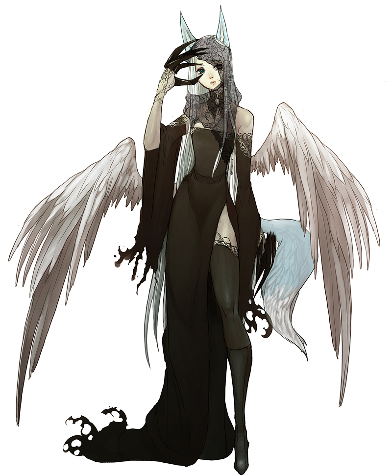 angel_wings, animal_ears, bare_shoulders, black_legwear, blue_eyes, claindelune, claws, detached_sleeves, dress, fox_ears, fox_tail, long_hair, low_wings, monster_girl, original, pale_skin, side_slit, simple_background, solo, tail, thigh-highs, thighhighs, torn_clothes, veil, very_long_hair, white_background, white_hair, wings