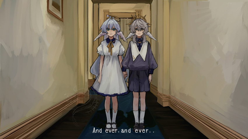1boy, 1girl, blue_hair, brother_and_sister, child, commentary, dress, english_commentary