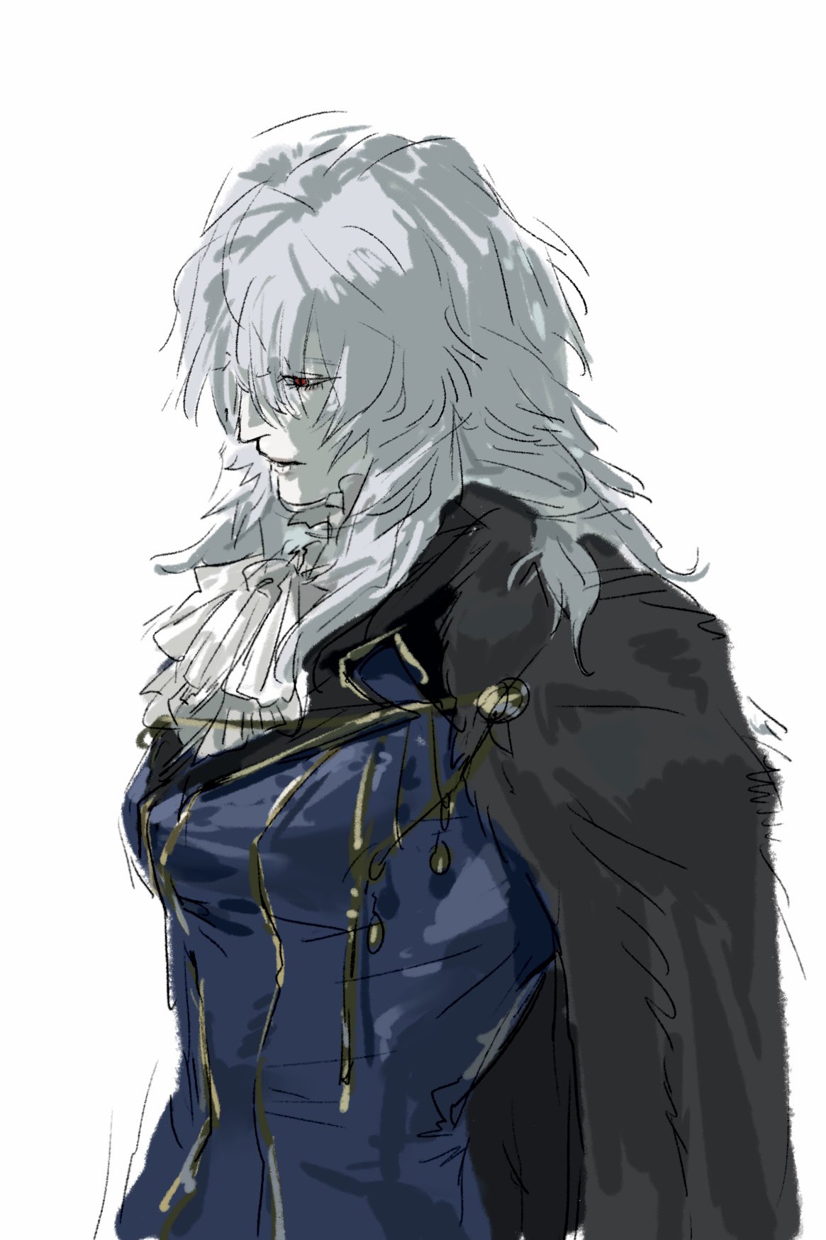 1girl, ascot, blue_coat, breasts, coat, formal_clothes, fur_coat, genderswap, genderswap_(mtf), gio_dwinter, gold_trim, hair_between_eyes, highres, jewelry, long_hair, messy_hair, overcoat, pale_skin, red_eyes, sketch, tsukihime, tsukihime_(remake), vlov_arkhangel, white_background, white_hair