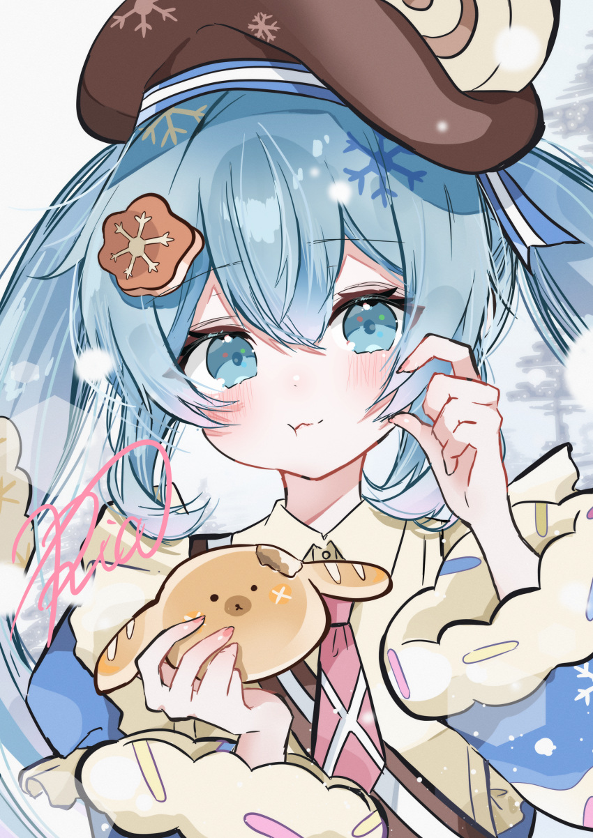 1girl, :t, absurdres, animal-themed_food, artist_name, bare_tree, blue_eyes, blue_hair, blue_jacket, blush, brown_hat, commentary, hat, hatsune_miku, highres, jacket, looking_at_viewer, necktie, pink_necktie, ria_art, snow, snowflakes, solo, sprinkle_print, tree, upper_body, vocaloid, yuki_miku, yuki_miku_(2025)