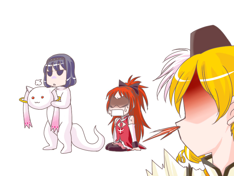 akemi_homura, chibi, cup, drill_hair, kisaragi_ryou_(sougetsu-tei), kisaragiya, kyubey, long_hair, magical_girl, mahou_shoujo_madoka_magica, ponytail, red_hair, redhead, sakura_kyouko, spit_take, spitting, spoilers, teacup, thighhighs, tomoe_mami