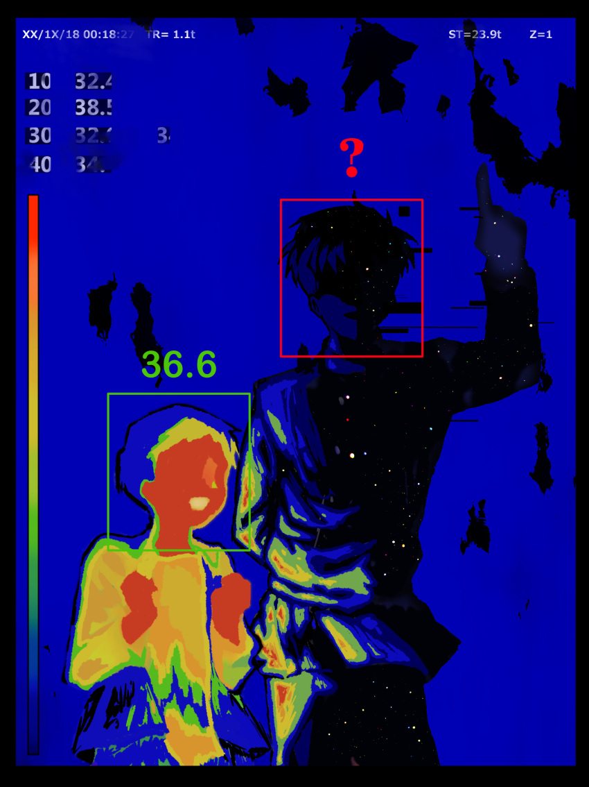 2boys, ?, albert_brudzewski_(chi.), belt, black_border, blue_background, border, chi.:_chikyuu_no_undou_ni_tsuite