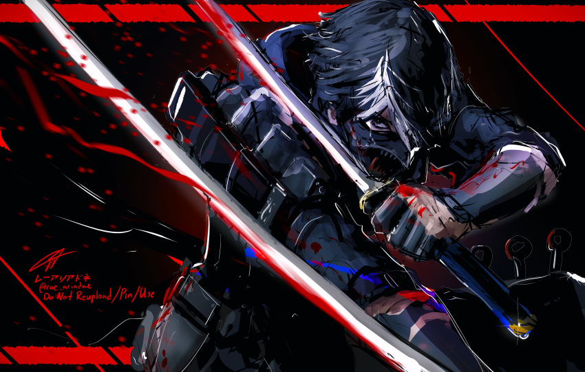 1boy, absurdres, armor, black_eyes, black_hair, blood, border, dual_wielding