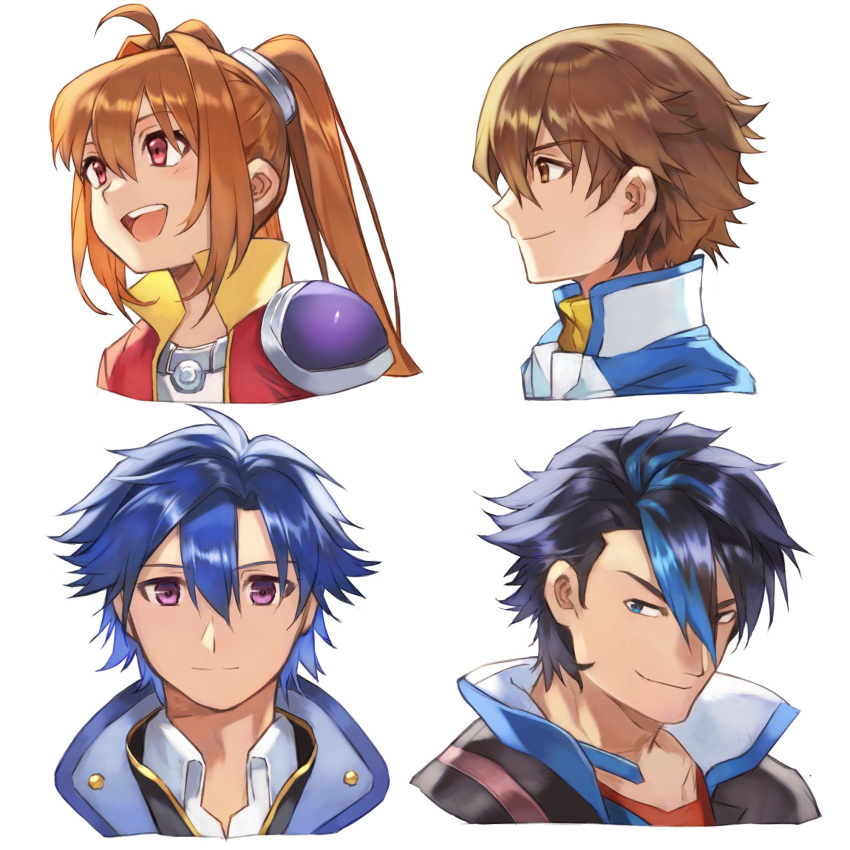 1girl, 3boys, ahoge, antenna_hair, ao_no_kiseki, armor, black_hair, blue_eyes