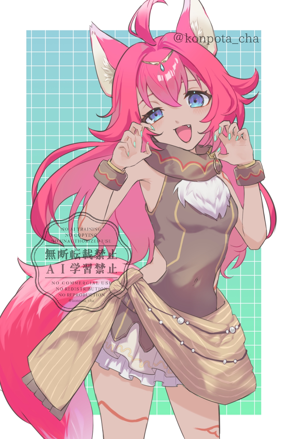 1girl, ahoge, animal_ear_fluff, animal_ears, blue_eyes, blue_nails, dark-skinned_female, dark_skin