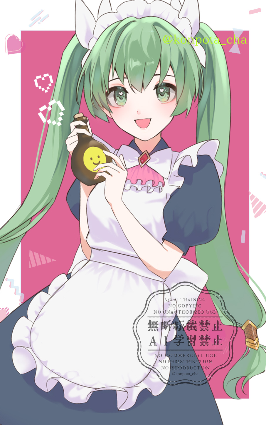 1girl, alternate_costume, frey_(rune_factory), green_eyes, green_hair, hair_ribbon, highres, long_hair, open_mouth, potacha, ribbon, rune_factory, rune_factory_4, smile, solo, twintails, white_ribbon