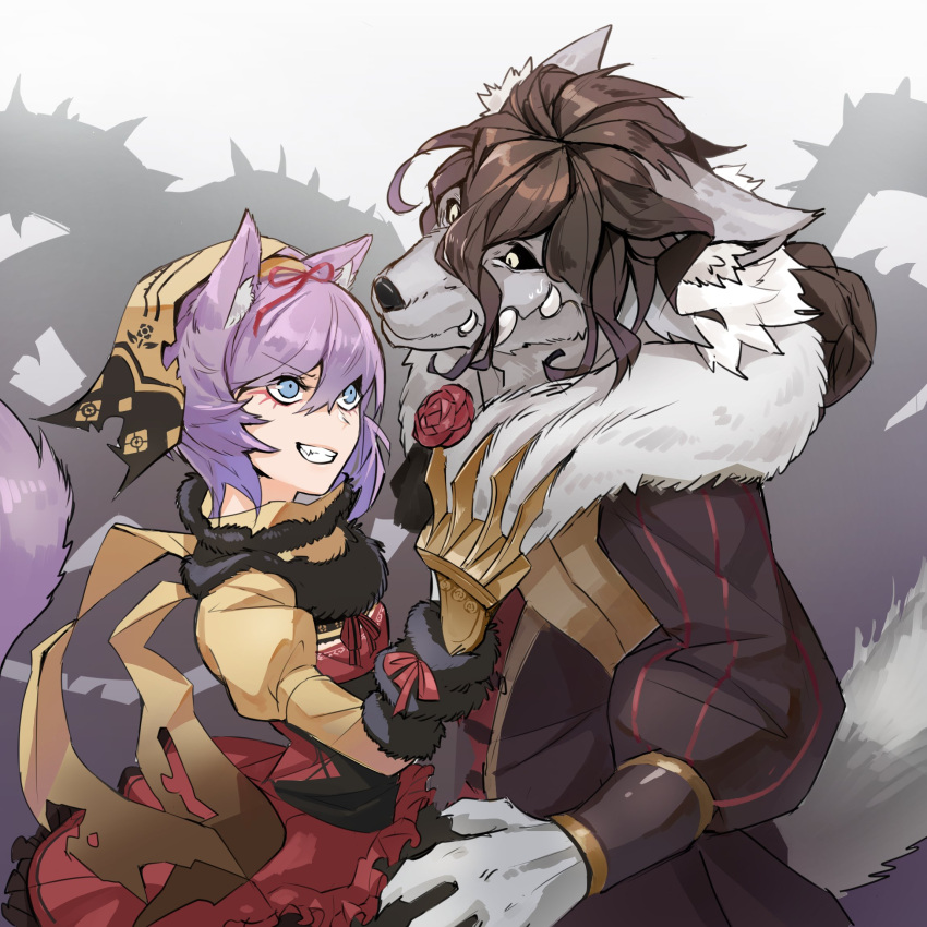 1boy, 1girl, animal_ears, artist_request, black_hair, black_sclera, blue_eyes, chaos_belle_(grimms_notes)