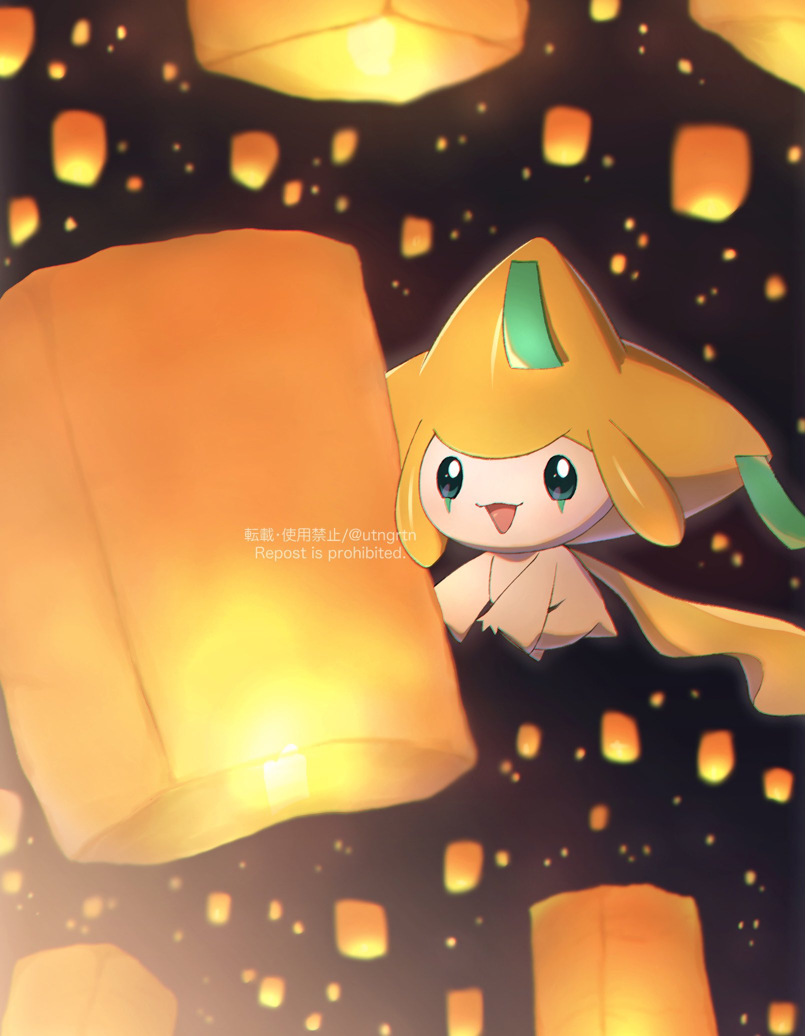 bright_pupils, commentary_request, floating_lights, fuyu_(utngrtn), highres, jirachi, lantern, lantern_festival, no_humans, open_mouth, paper_lantern, pokemon, pokemon_(creature), sky_lantern, solo, tanzaku, watermark, white_pupils