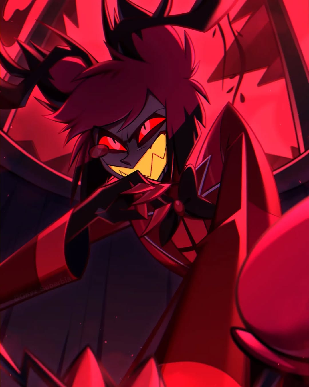 1boy, alastor_(hazbin_hotel), animal_ears, black_bow, black_bowtie, bow, bowtie, colored_teeth, dark-skinned_male, dark_skin, deer_ears, english_commentary, forced_smile, hand_on_own_face, hazbin_hotel, hellaverse, highres, looking_up, male_focus, multicolored_hair, no_humans, on_floor, onyx_superbia, red_eyes, red_hair, red_suit, red_theme, sharp_teeth, shoulder_pads, suit, teeth, two-tone_hair, yellow_teeth