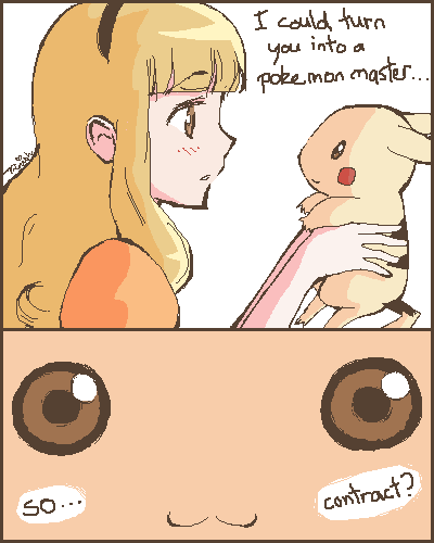 1boy, blonde_hair, brown_eyes, child, crossdressinging, english, kyubey, lowres, mahou_shoujo_madoka_magica, oekaki, parody, pikachu, pokemon, pokemon_(anime), pokemon_(creature), satoko_(pokemon), satoshi_(pokemon), trap, trinish