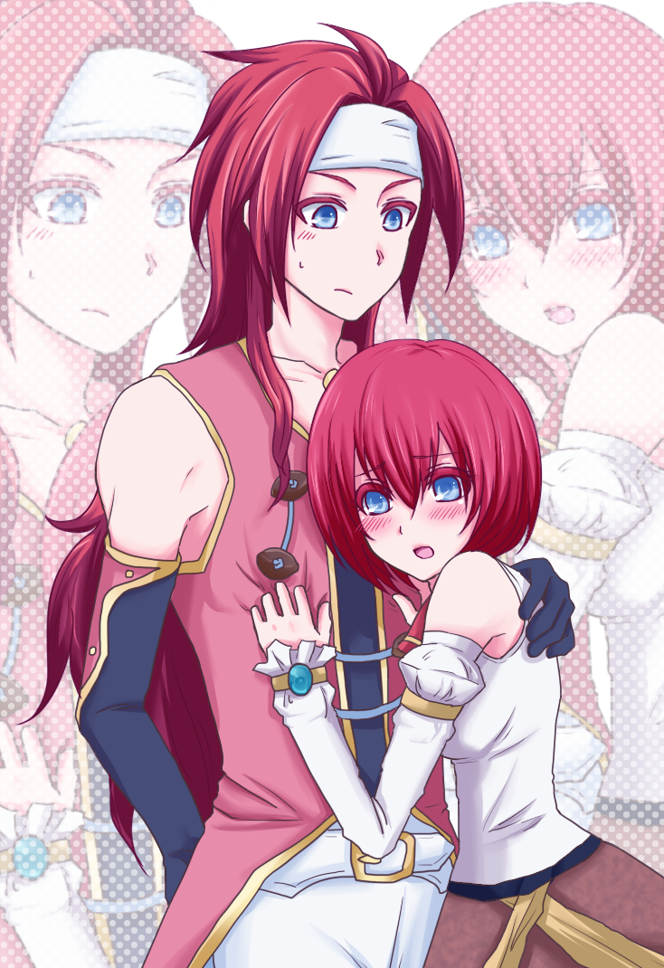 bad_id, belt, black_gloves, blue_eyes, blush, brother_and_sister, coat, colored_eyelashes, danon, dress, gloves, hand_on_shoulder, headband, long_hair, polka_dot, polka_dot_background, red_hair, redhead, seles_wilder, short_hair, siblings, tales_of_(series), tales_of_symphonia, zelos_wilder, zoom_layer
