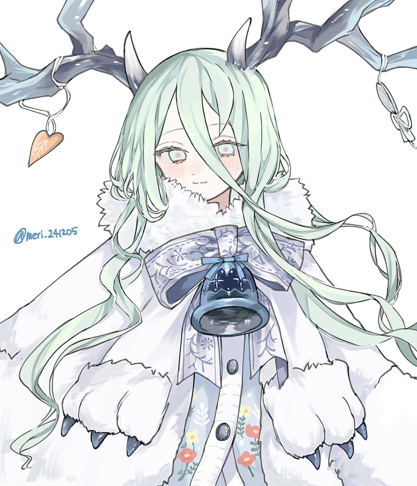 1girl, antlers, aqua_eyes, aqua_hair, bell, bow, coat, fate/grand_order, fate_(series), floral_print, fur_coat, highres, horns, long_hair, louhi_(fate), louhi_(over_the_same_sky)_(fate), meri_241205, neck_bell, smile, twitter_username, white_background, white_bow
