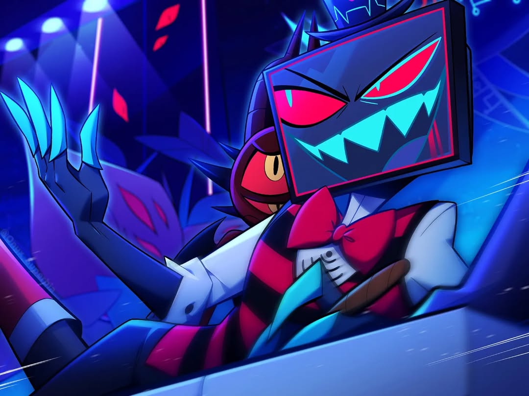 1boy, 1other, :d, blood, blood_from_mouth, blue_teeth, bow, bowtie