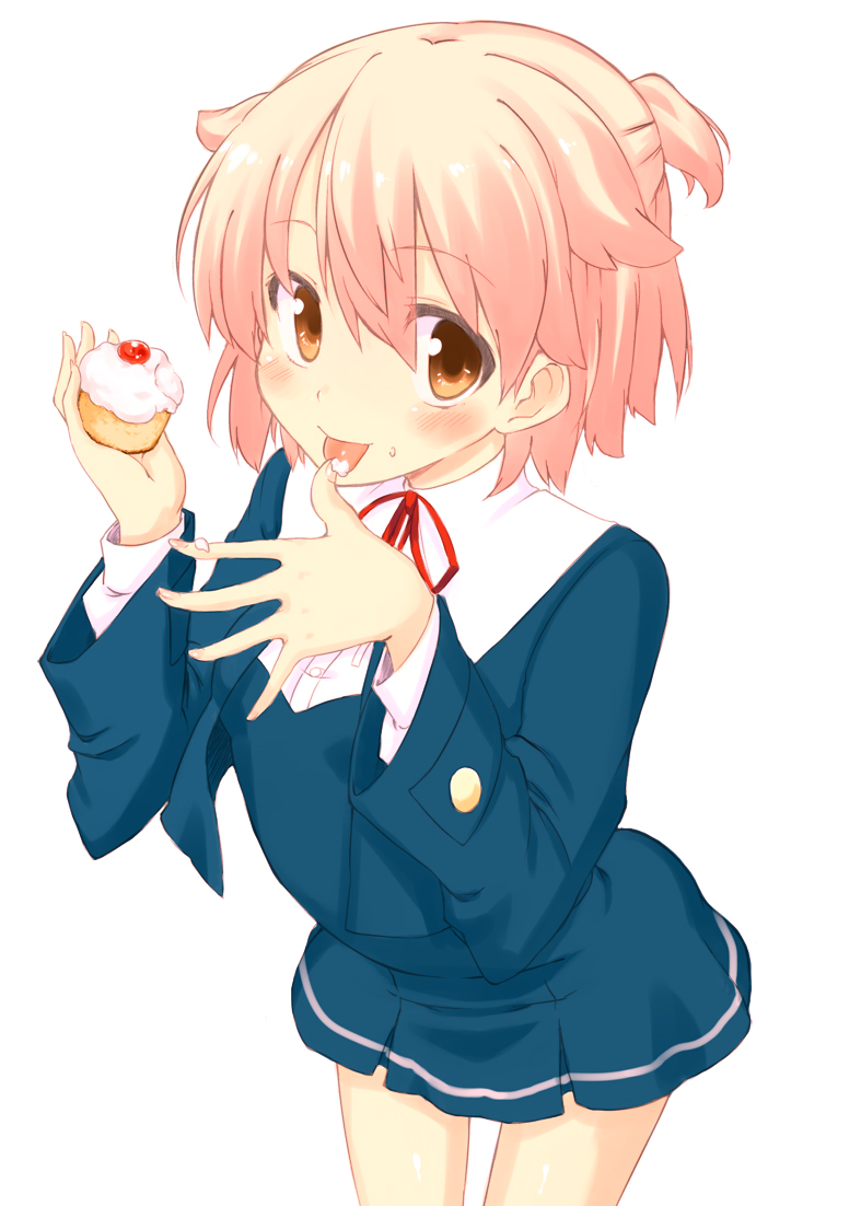 cupcake, eating, face, food, hands, original, power_of_smile, school_uniform, shinohana_mayu, uro