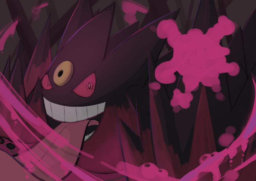 absurdres, ashida_(user_dxec4477), colored_sclera, colored_skin, gengar, ghost, highres, long_tongue, looking_at_viewer, mega_gengar, mega_pokemon, no_humans, open_mouth, pokemon, pokemon_(creature), pokemon_focus, purple_skin, red_eyes, red_sclera, smoke, spikes, teeth, third_eye, tongue, tongue_out